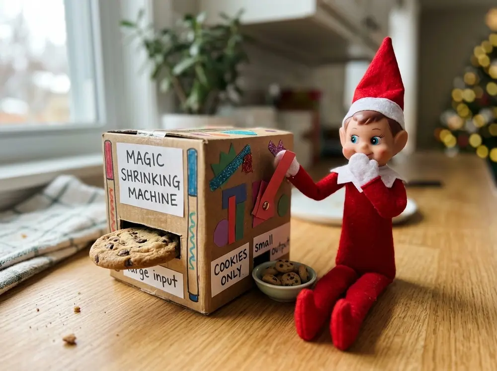 Toy elf doll — A decorated box 'machine': full-size cookie goes in one side, mini cookies come out the other