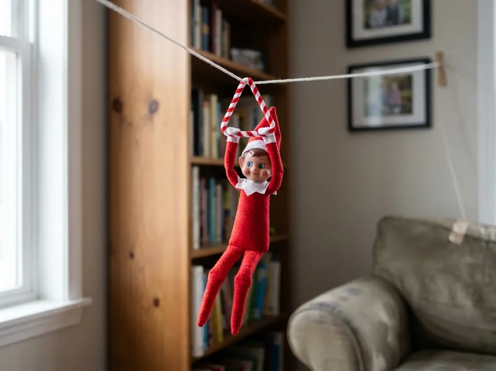 Toy elf doll riding a string zipline across the living room