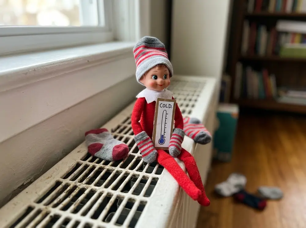 Toy elf doll wears kid socks as a hat and mittens, sitting on the radiator or vent with a drawn thermometer reading 'COLD.'