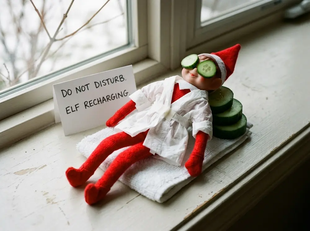 Toy elf doll reclines with two cucumber slices over its eyes and a tissue robe, sign: 'DO NOT DISTURB