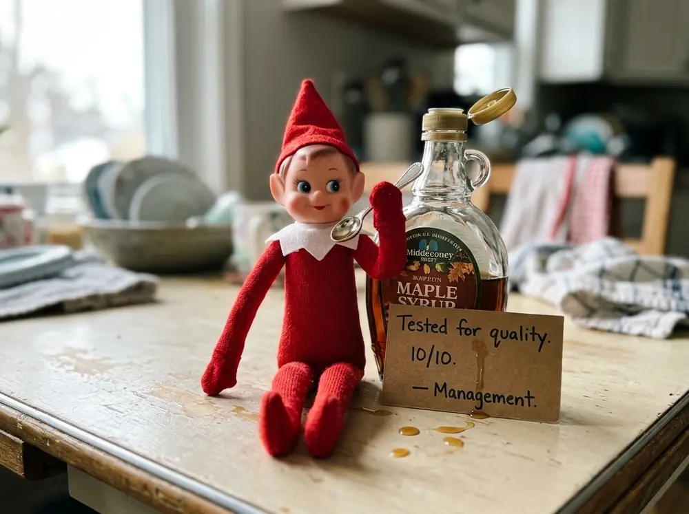 Toy elf doll sits beside the syrup bottle with a doll spoon and a review card: 'Tested for quality