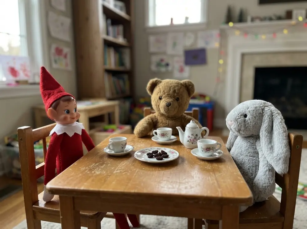 Toy elf doll hosting a tea party with a teddy bear and stuffed rabbit