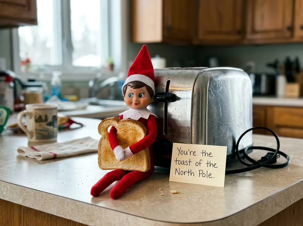 Toy elf doll hugs a slice of toast beside the (unplugged) toaster with a note: 'You're the toast of the North Pole.'