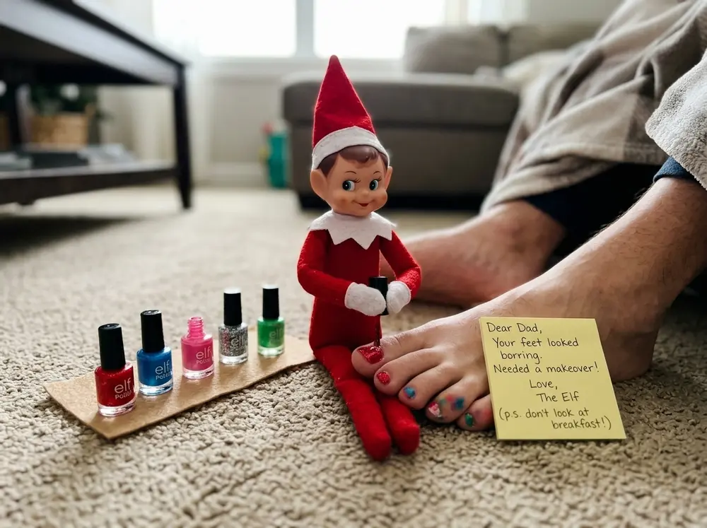 Toy elf doll paints Dad's toenails while he sleeps and leaves a post-it confession