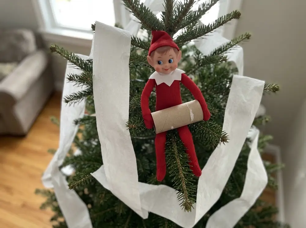 Drape a few streams of toilet paper over the Christmas tree with the toy elf doll sitting in the branches holding the empty roll
