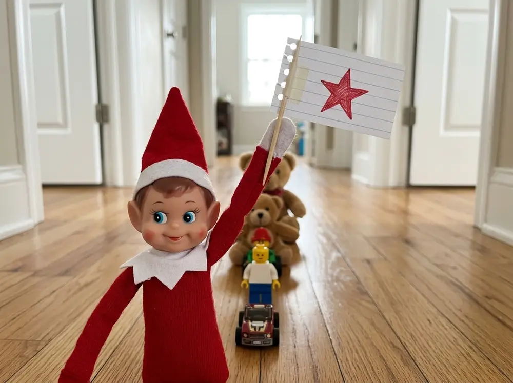Line up toys in a parade down the hallway with the toy elf doll leading, waving a toothpick-and-paper flag