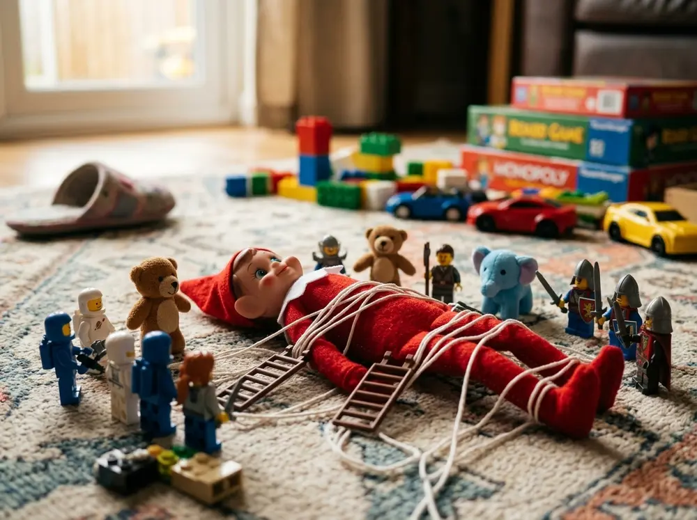 The toys got revenge: the toy elf doll lies tied down Gulliver-style with string while building-brick figures and plushies stand guard