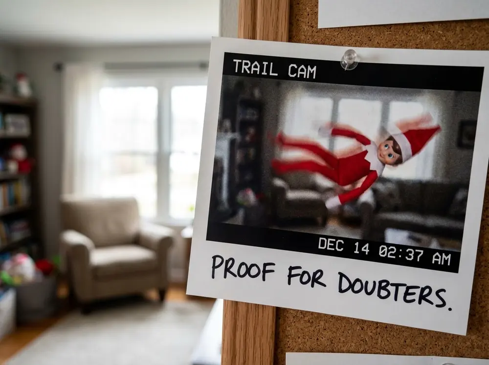 For doubters: print a grainy, motion-blurred 'trail cam' photo of the toy elf doll mid-flight (shake the camera on purpose) and leave it pinned up…