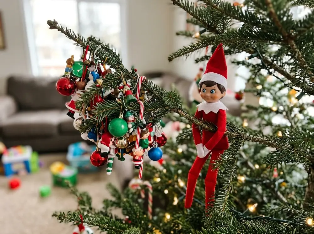 All the low ornaments migrate overnight to one single branch; the toy elf doll hangs beside the overloaded branch looking proud