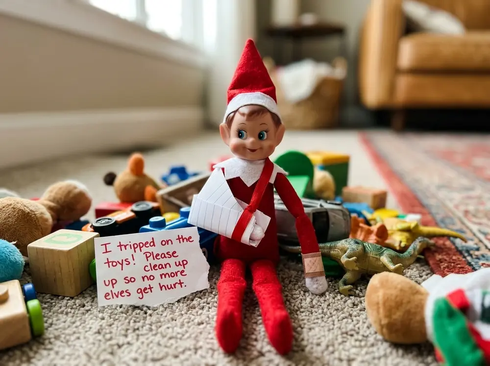 Toy elf doll lies bandaged (band-aid, paper arm sling) amid the floor mess with a note: 'I tripped on the toys
