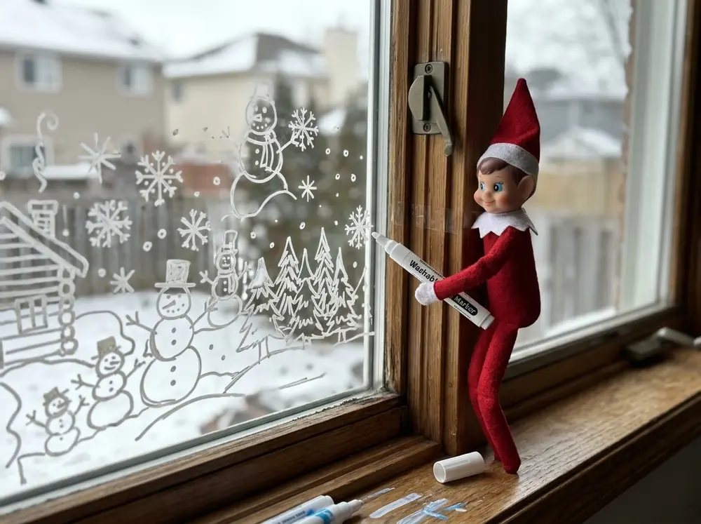 Draw a snow scene on a window with washable marker — the toy elf doll hangs beside it holding the marker, cap off