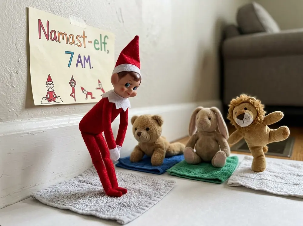 Toy elf doll leads stuffed animals in yoga poses on facecloth mats, a drawn schedule taped up: 'Namast-elf, 7 AM.'