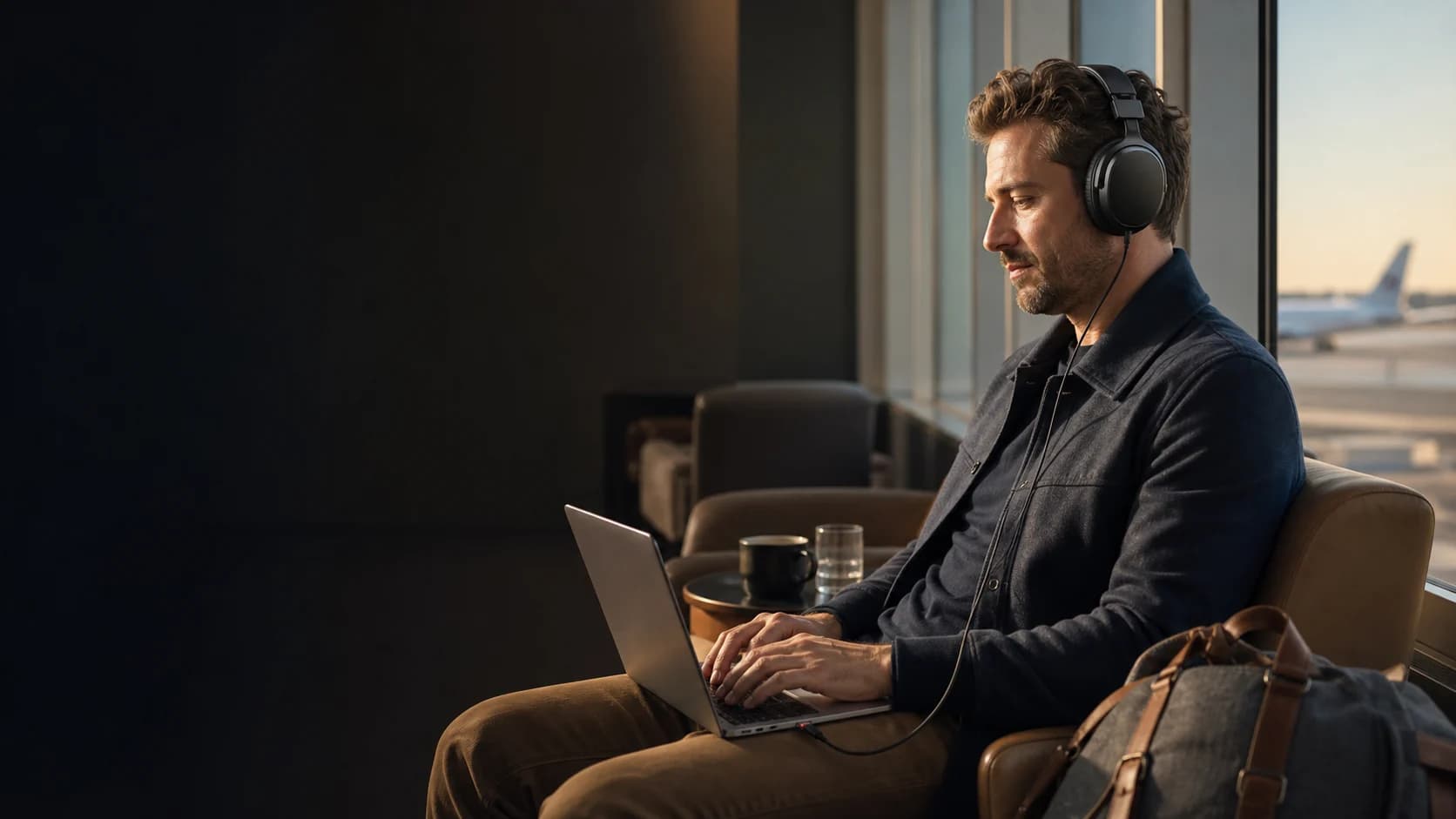 Representative traveller using over-ear headphones with a laptop