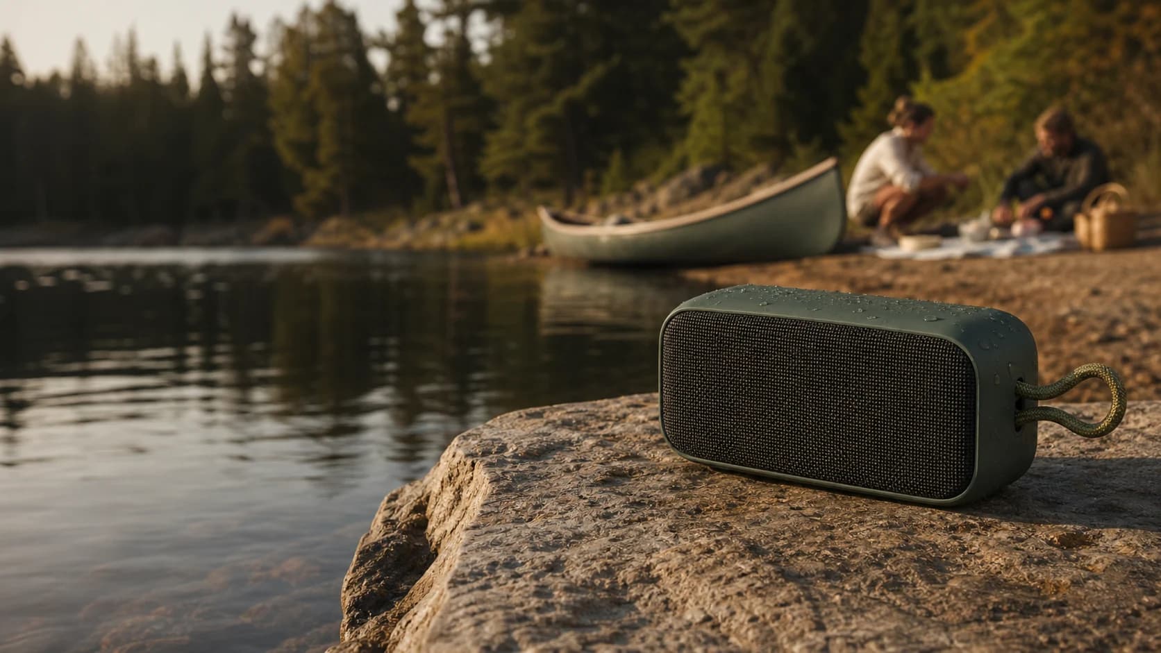 Representative compact portable speaker beside a Canadian lake