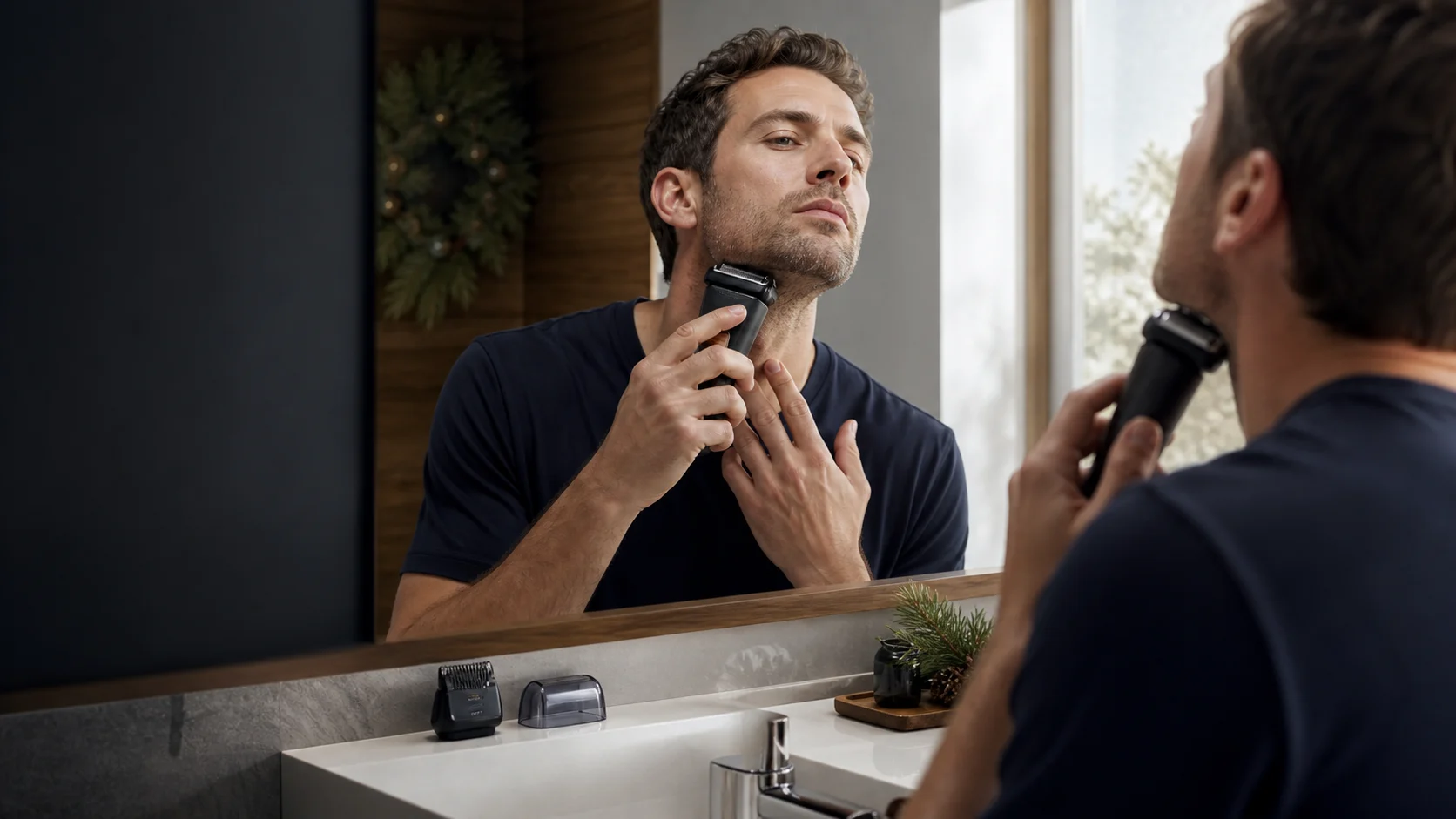 Representative foil-shaver morning grooming scene at a bathroom sink