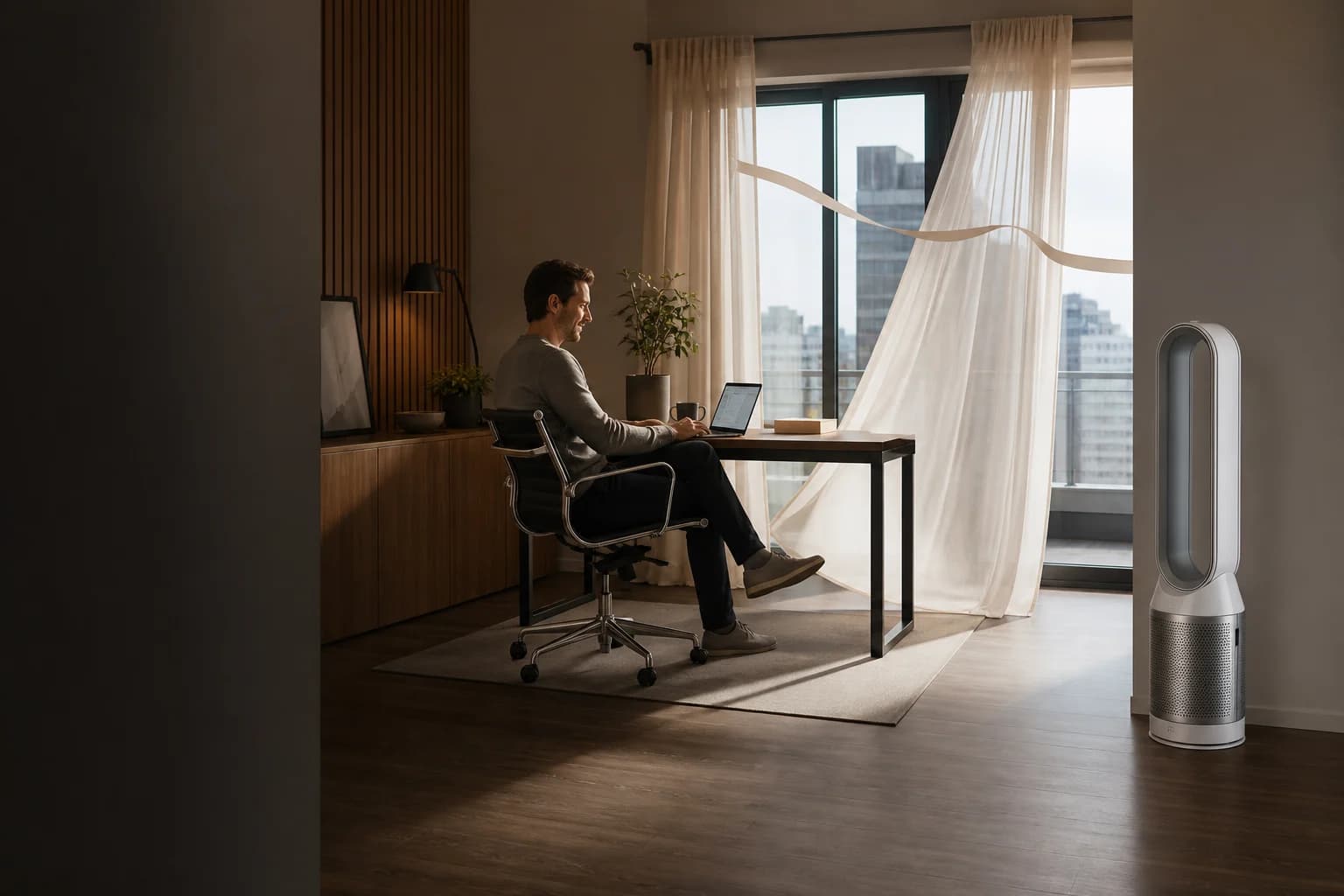 Representative bladeless tower fan directing airflow toward a reader in a modern living room
