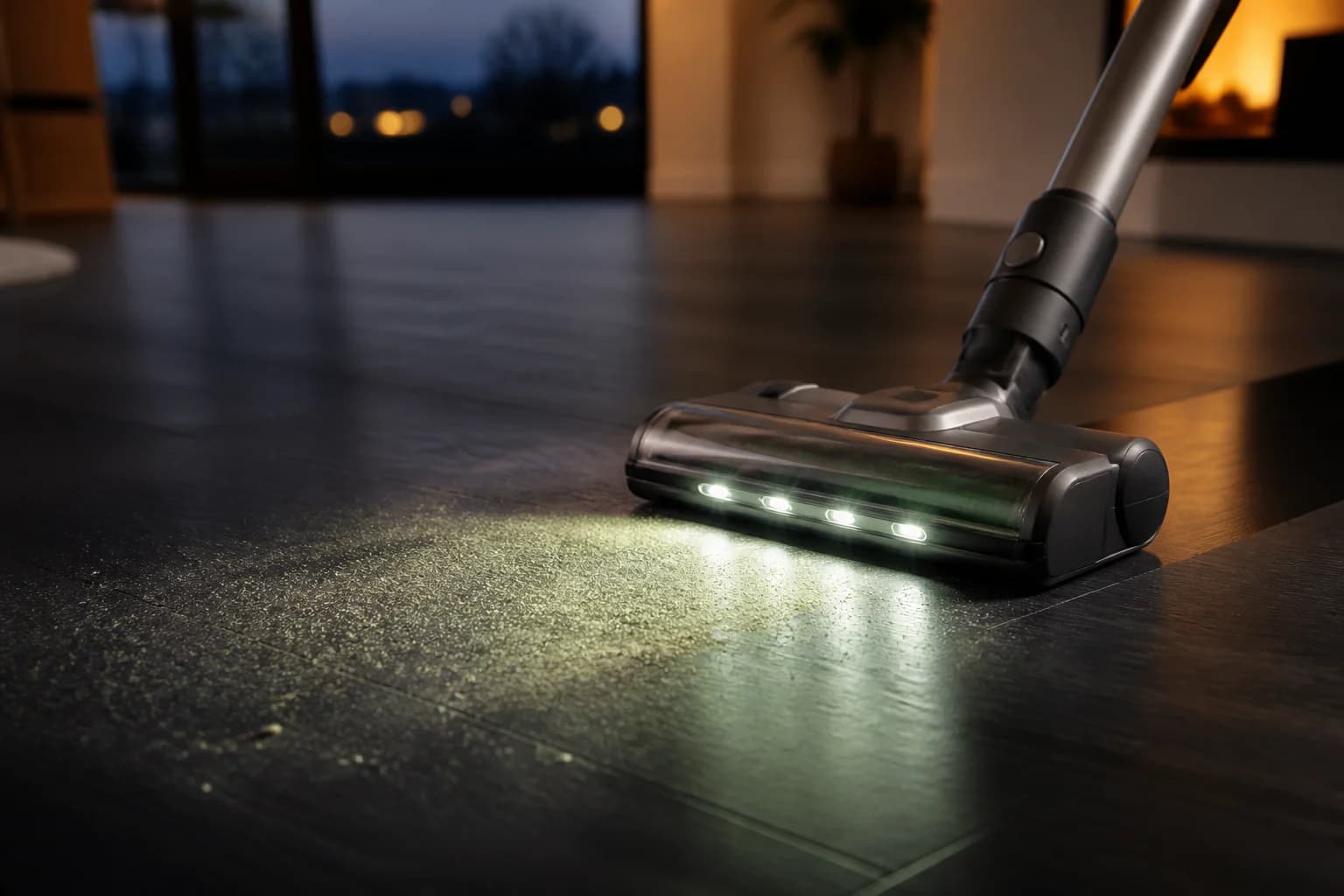 Representative cordless vacuum cleaner head illuminating fine dust on a dark hardwood floor