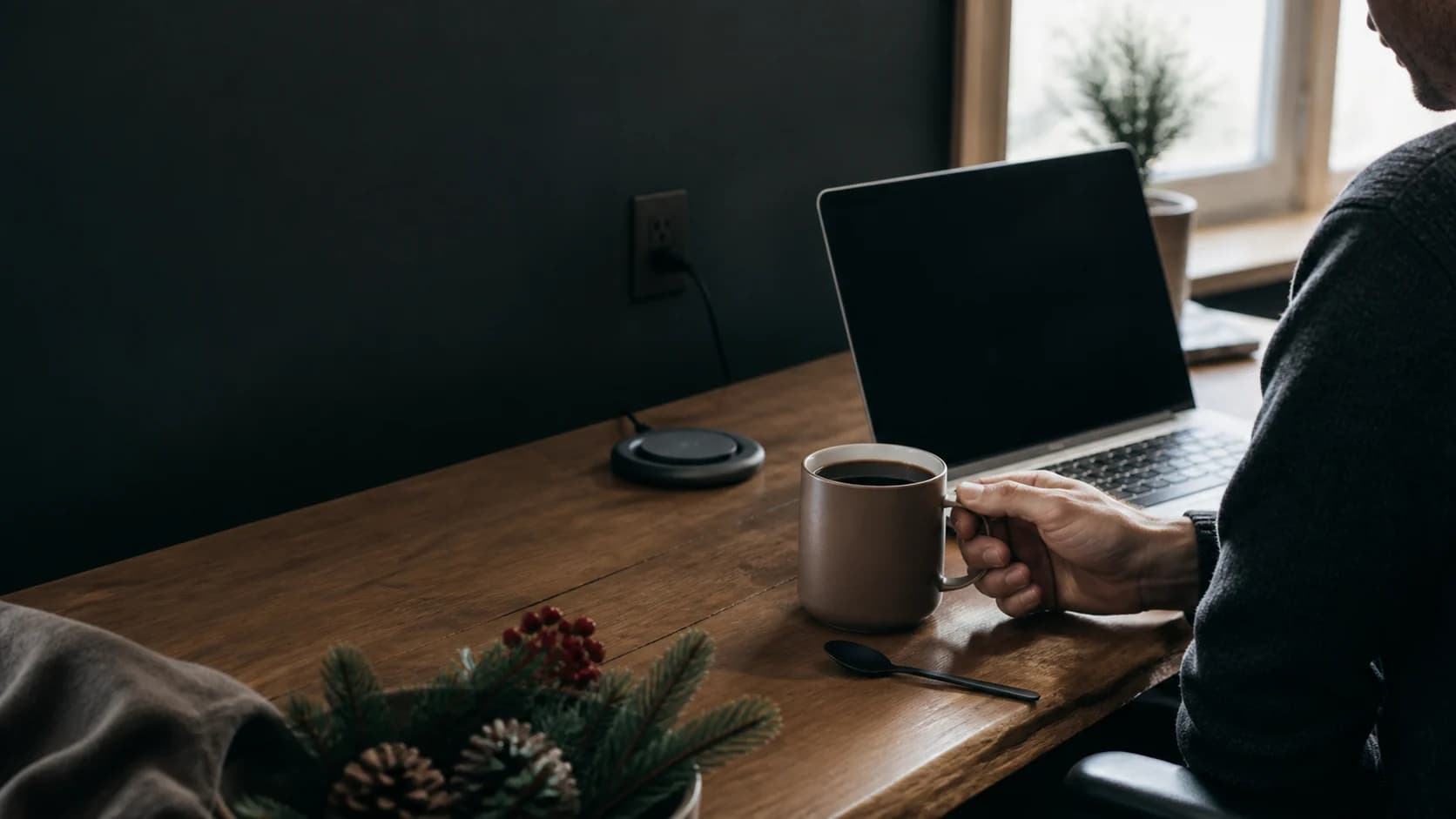 Representative generic heated mug keeping coffee warm during slow desk work