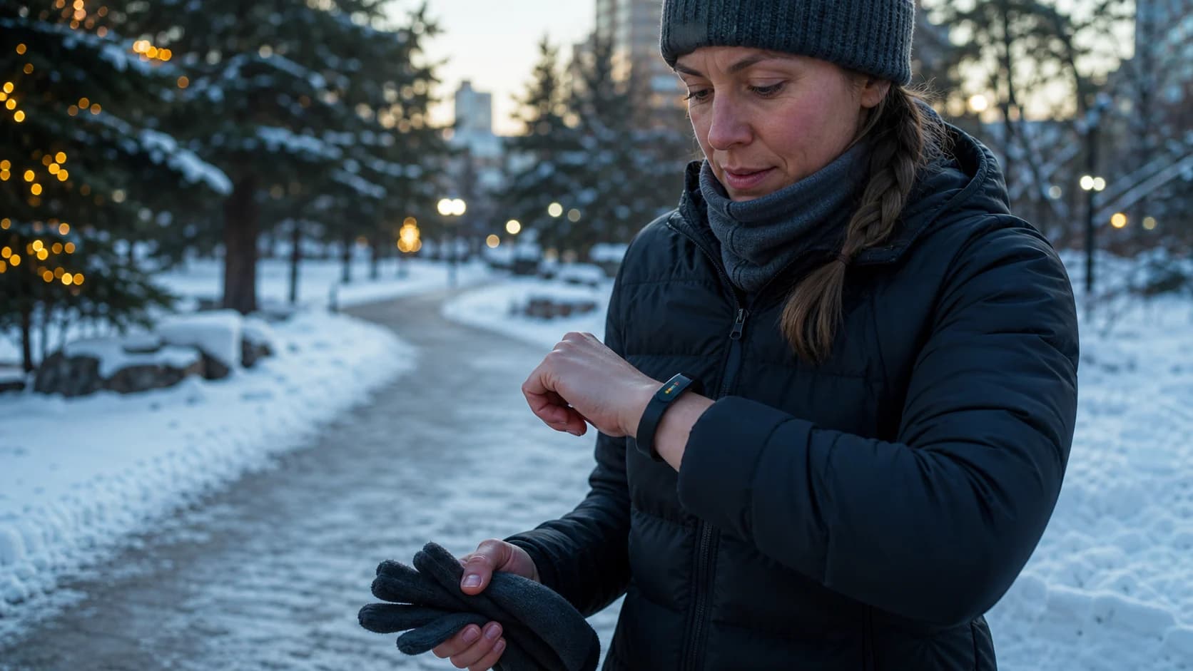Representative slim fitness tracker used during a winter walk