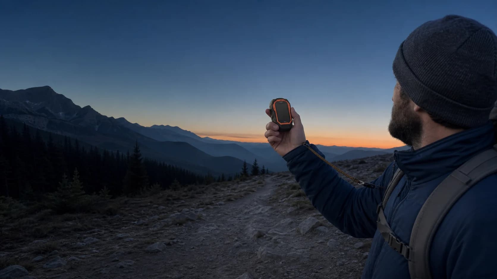 Representative satellite communicator carried on a backpack in open mountain terrain