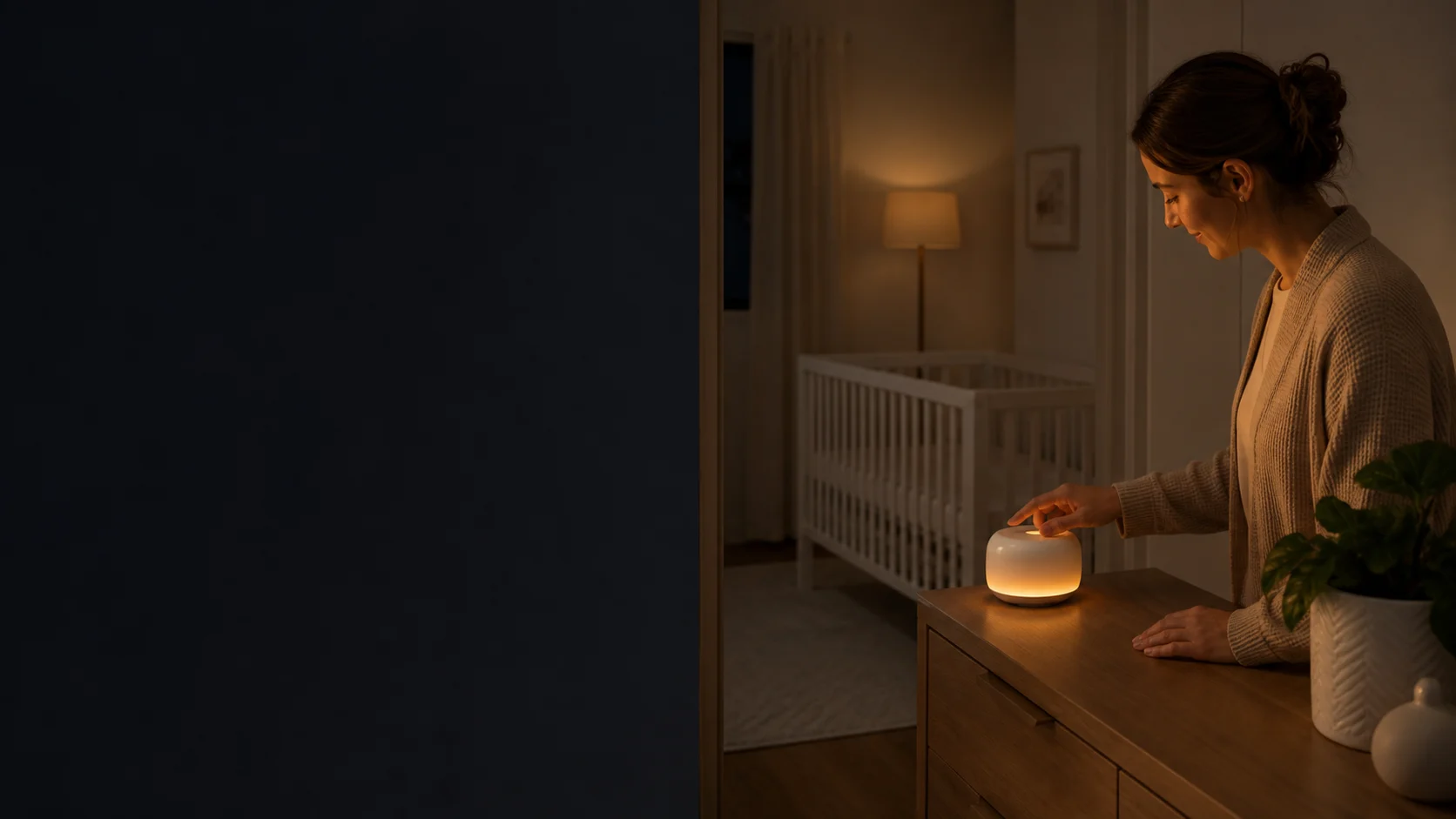 Representative nursery sound machine and night light placed safely away from a crib