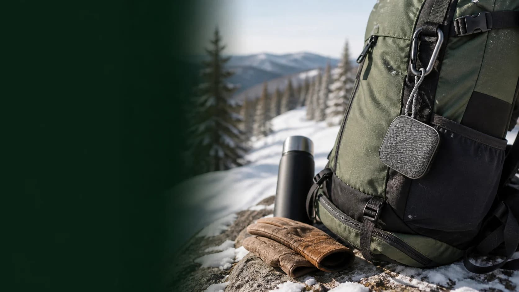 Representative pocket speaker attached to a winter hiking pack