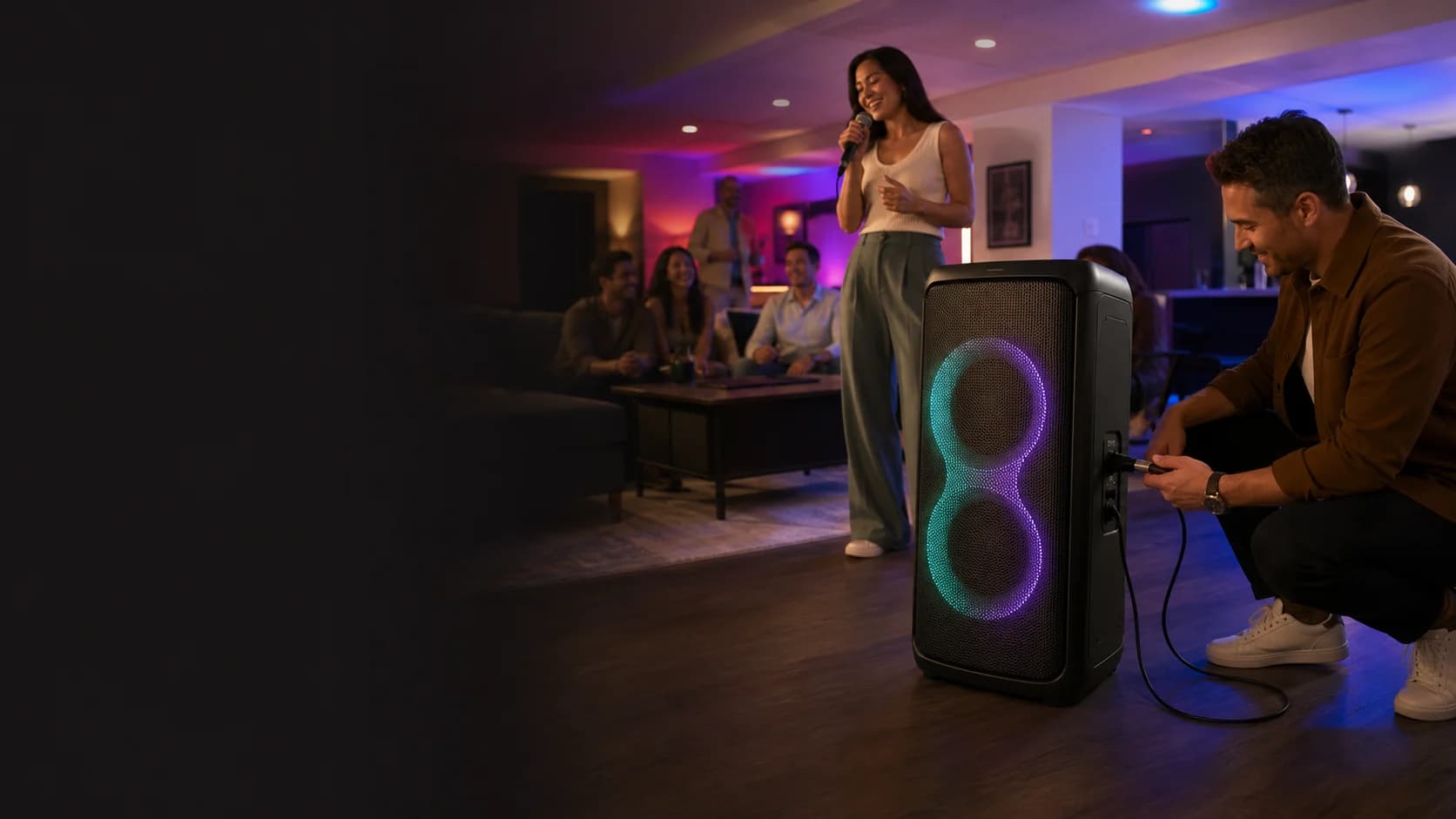 Representative basement karaoke scene with a large generic party speaker