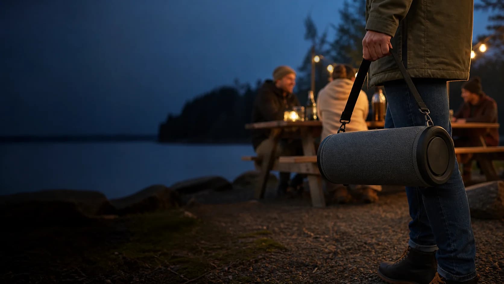 Representative large portable speaker carried to a lakeside gathering