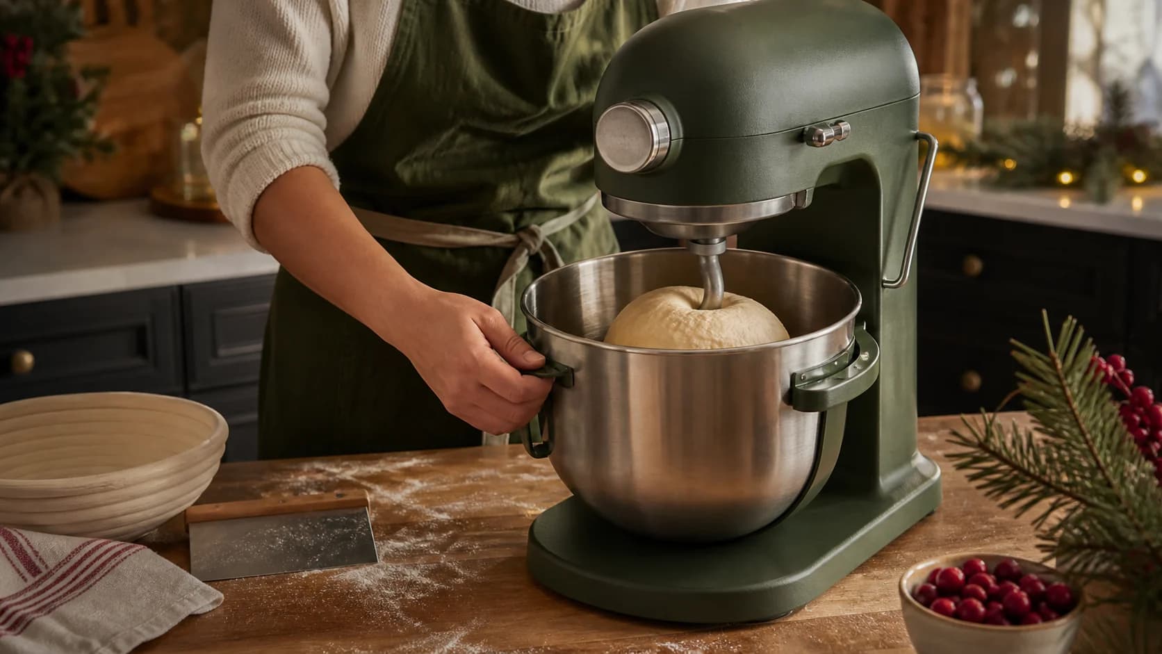 Representative bowl-lift stand mixer kneading bread dough on a kitchen counter