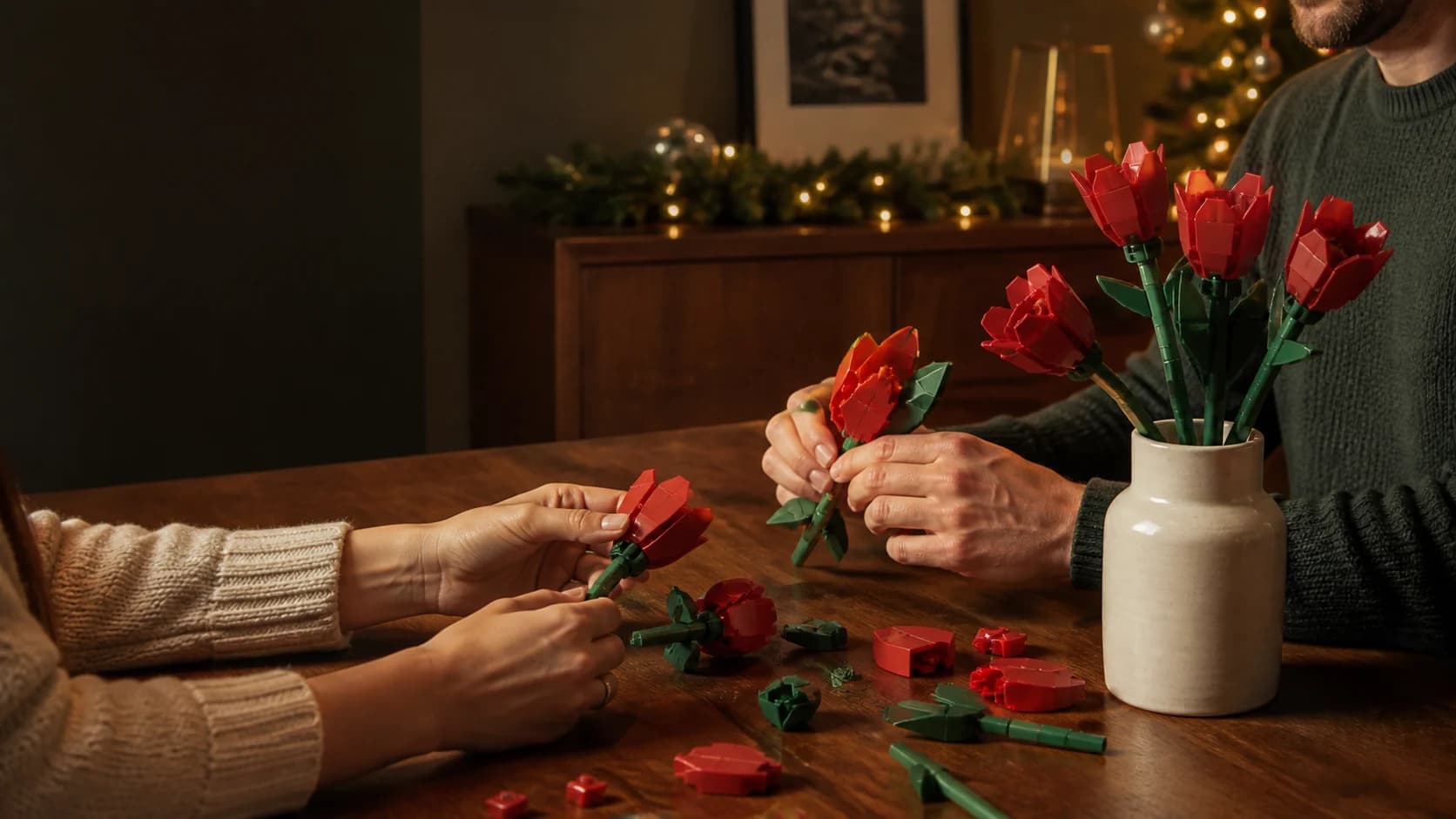 Representative generic construction flowers being assembled together at a table