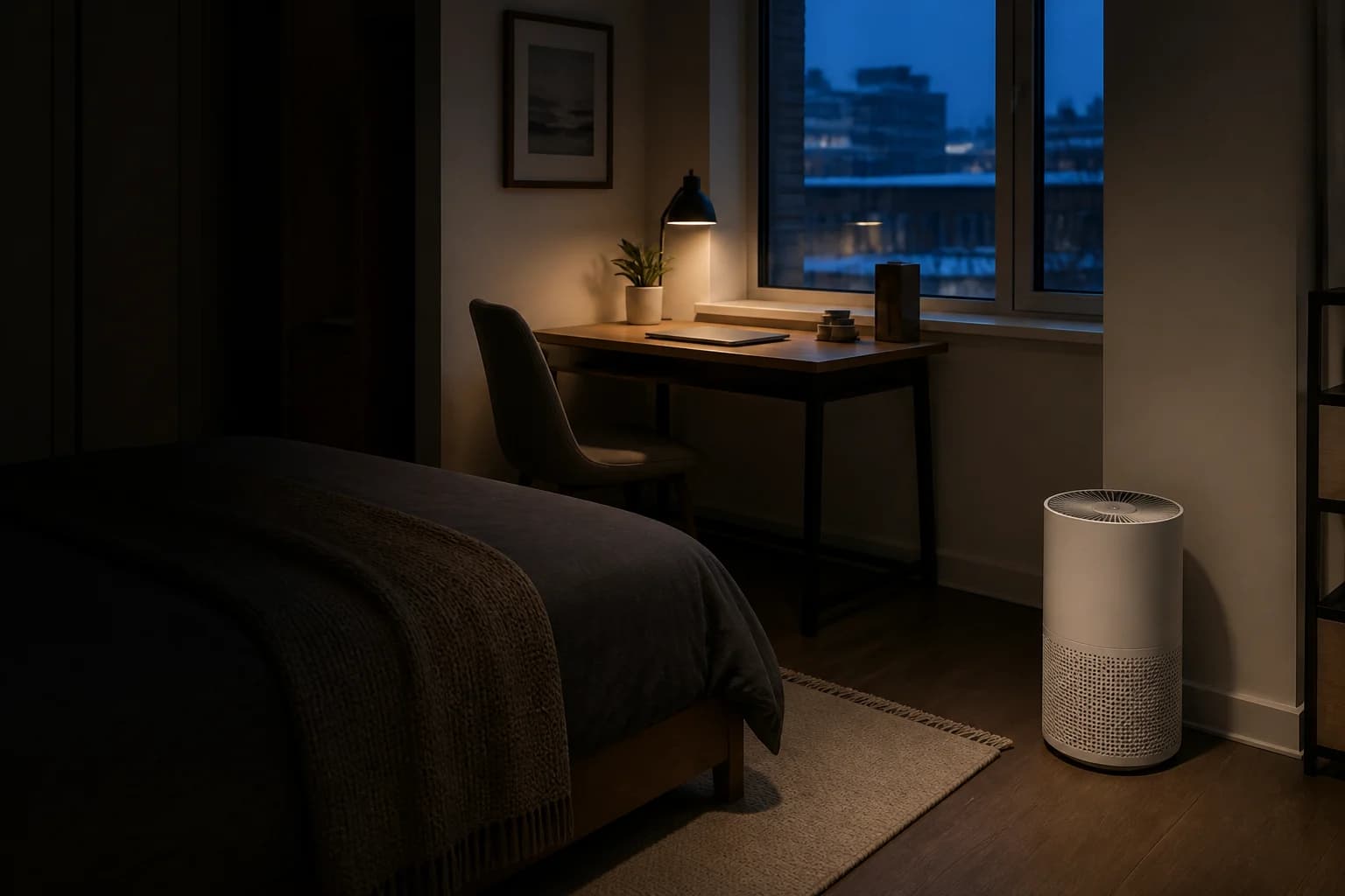 Representative compact cylindrical air purifier beside a desk in a small room