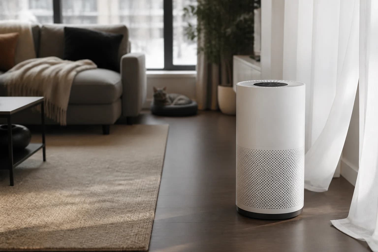 Representative cylindrical air purifier in a bright pet-friendly living room