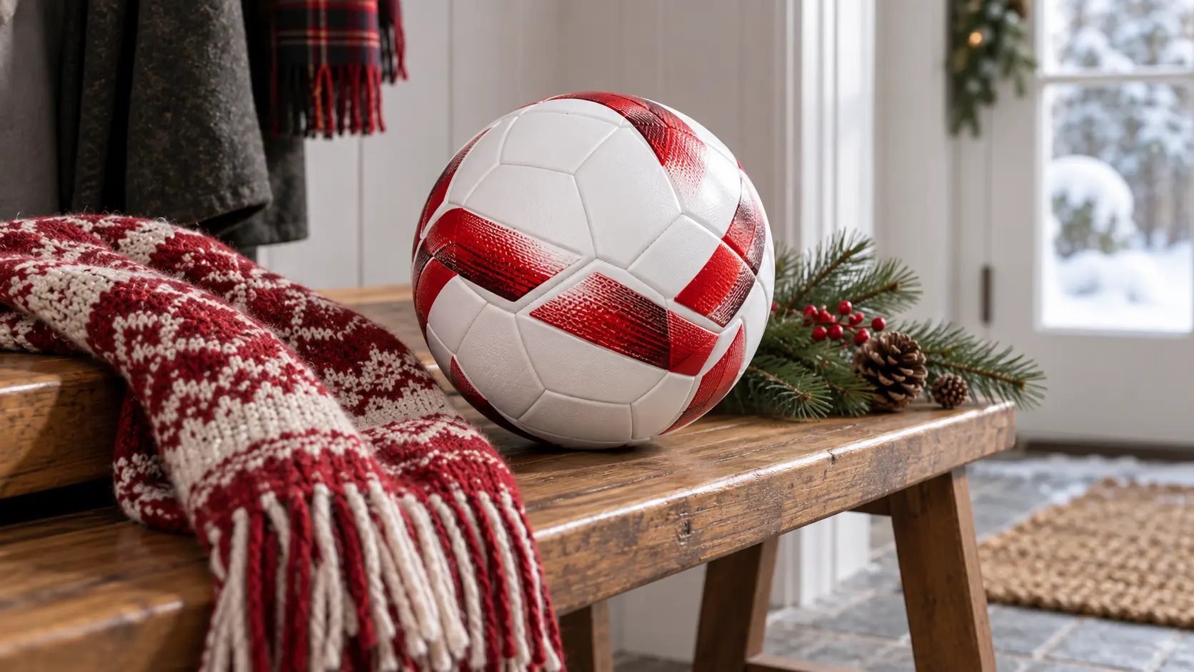 Representative kids passing a soccer ball on a frosty backyard lawn with a house behind them