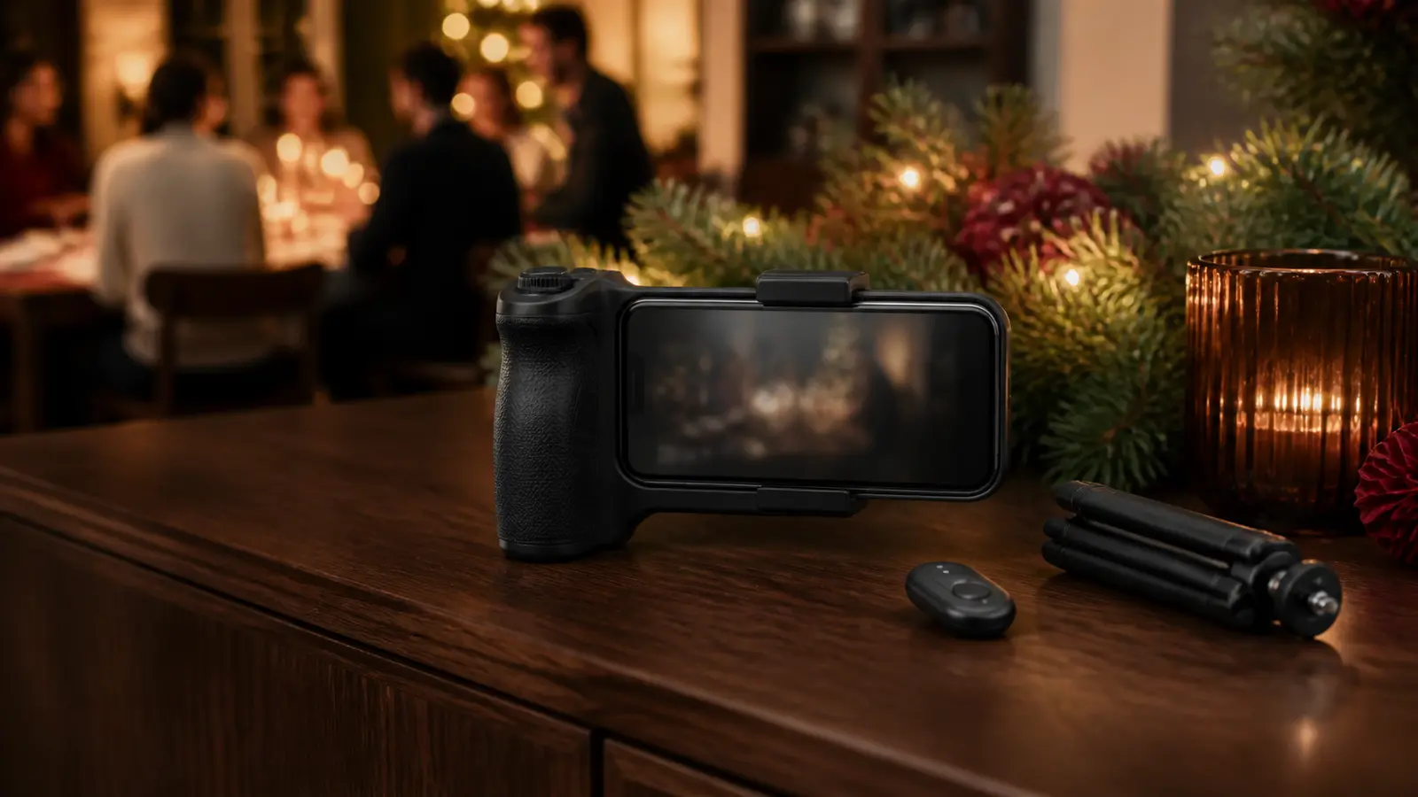 Smartphone camera grip with remote shutter and mini tripod at a Christmas gathering