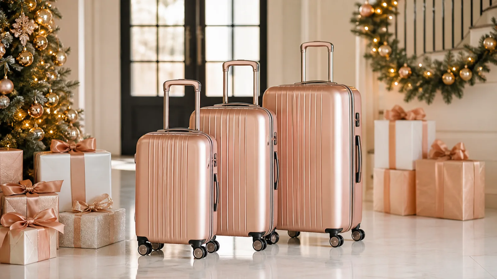 Representative trio of rose-gold hardshell suitcases beside holiday gifts