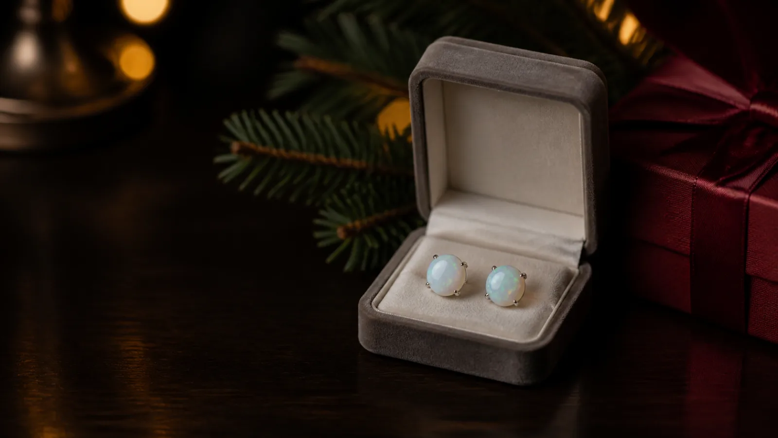 Representative round opal stud earrings in a jewelry box beside a burgundy Christmas gift