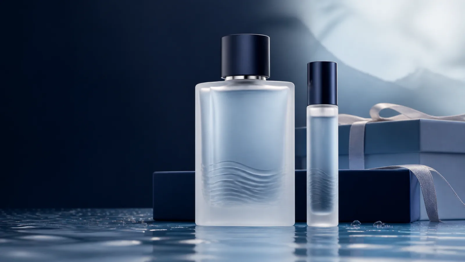 Representative frosted men's fragrance bottle and travel spray beside a navy Christmas gift