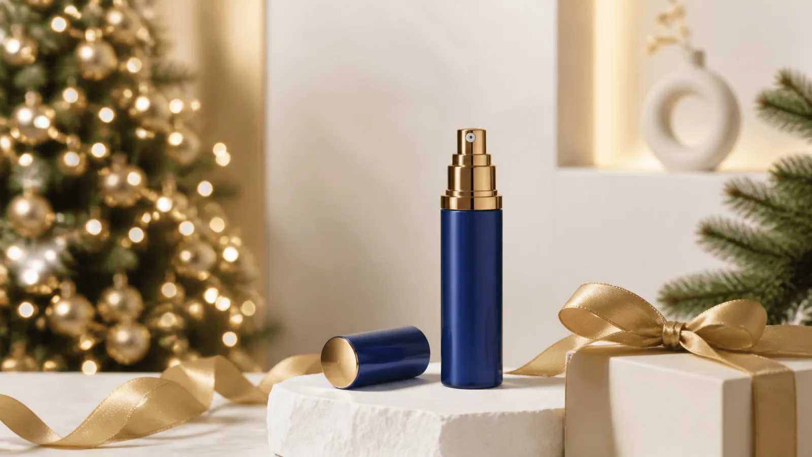 Representative cobalt luxury cream bottle beside a white Christmas box