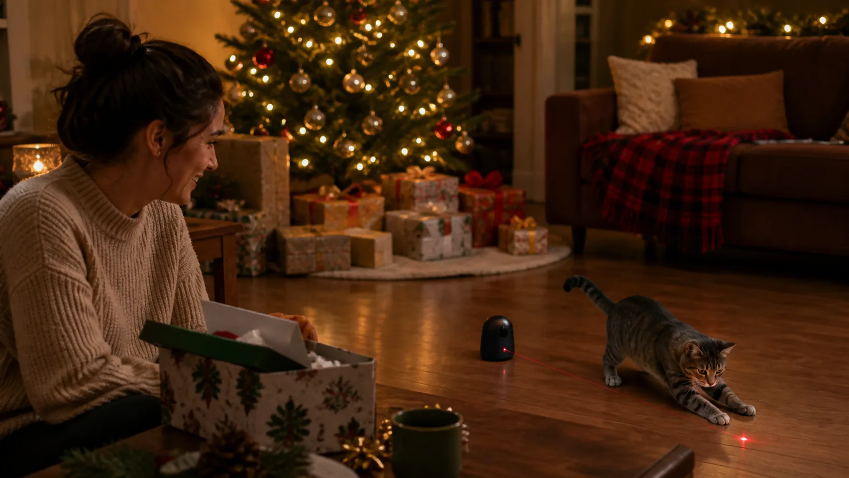 Representative automatic laser toy projecting a dot onto the floor near a cat