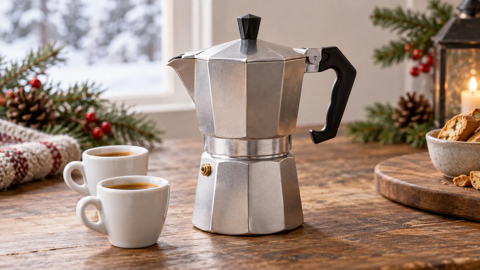 Representative octagonal stovetop coffee pot on a gas burner with morning light and two small cups