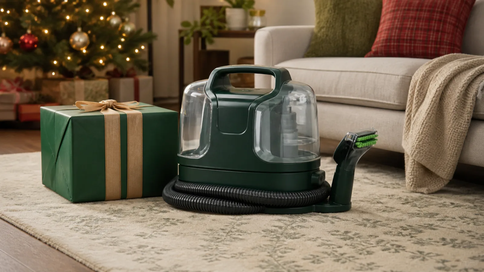Representative compact carpet cleaner beside a green Christmas gift
