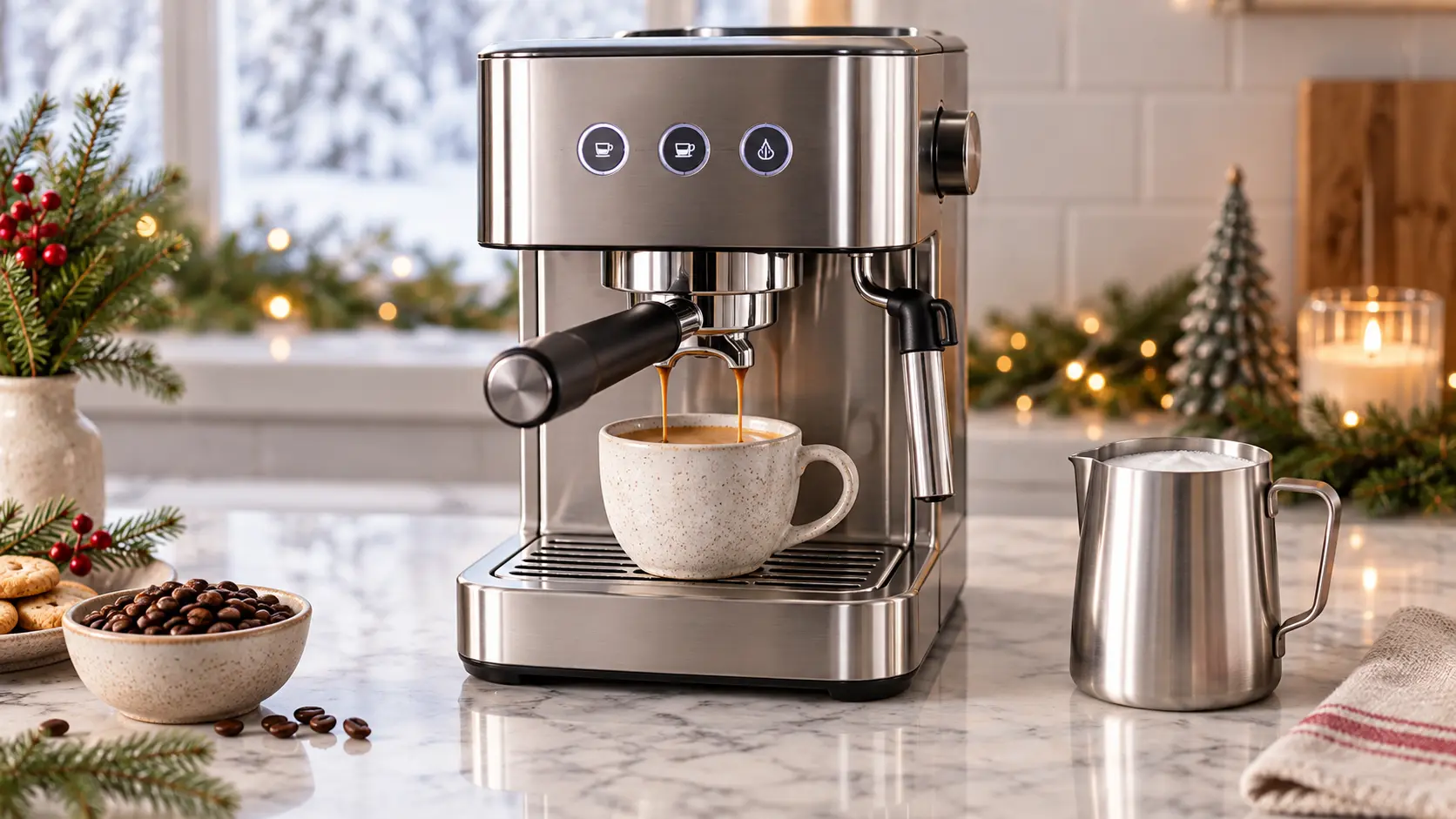 Representative small brushed-steel espresso machine steaming milk in a bright kitchen with holiday greenery