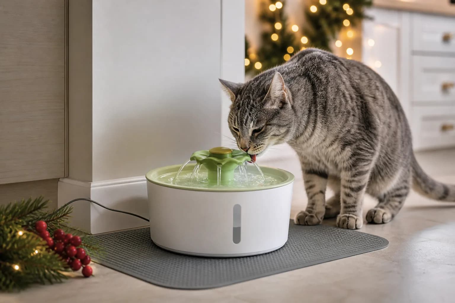 Representative green-and-white flower-style cat water fountain with a cat drinking indoors