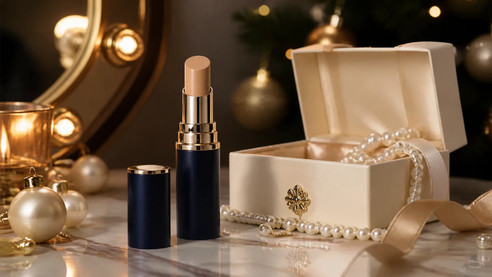 Representative navy concealer stick beside an ivory jewelry-style gift box