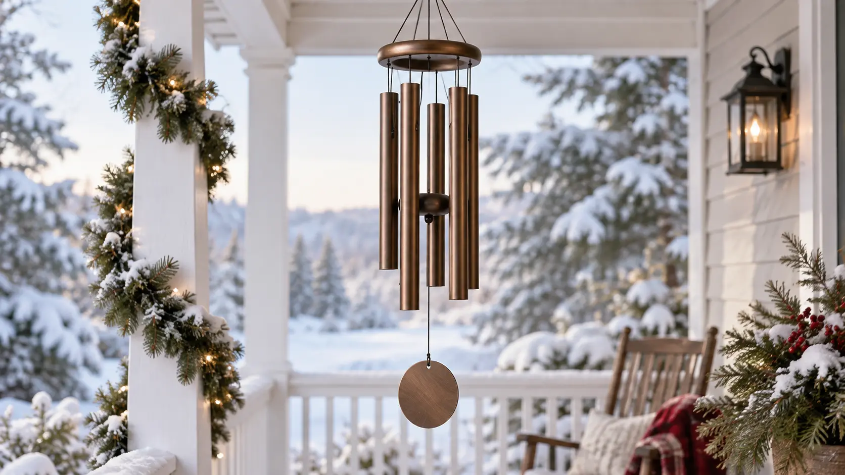 Representative wind chime hanging from a porch beam with a garden softly out of focus behind it