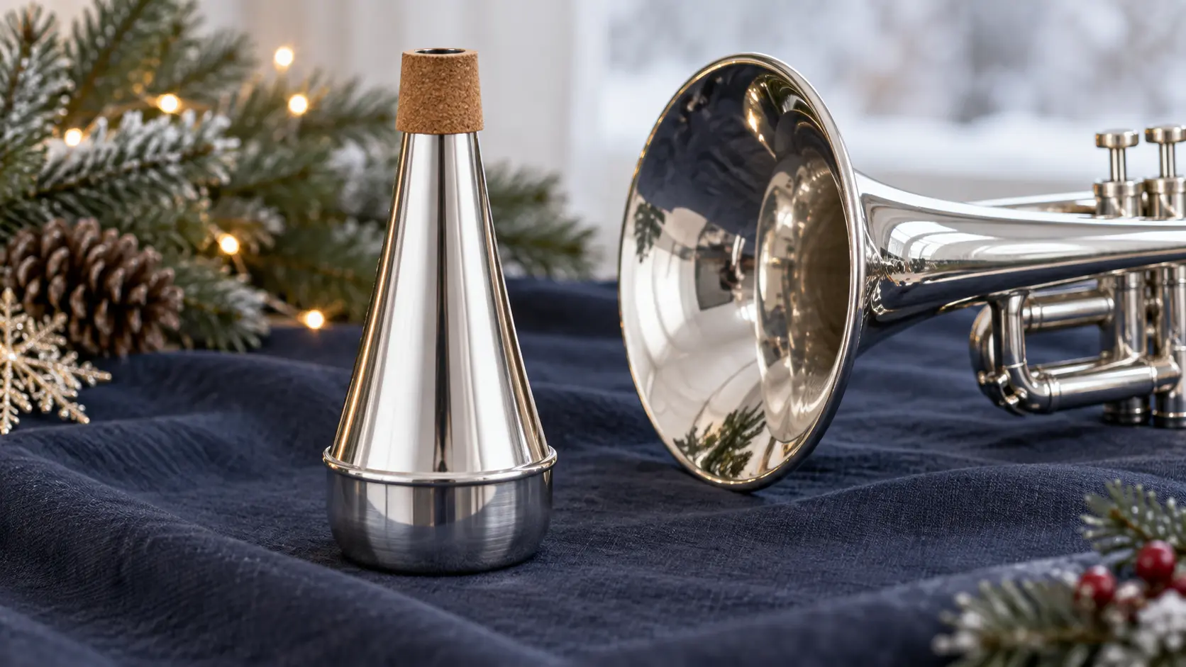 Representative trumpet resting on a music stand with a silver straight mute beside it in a rehearsal room