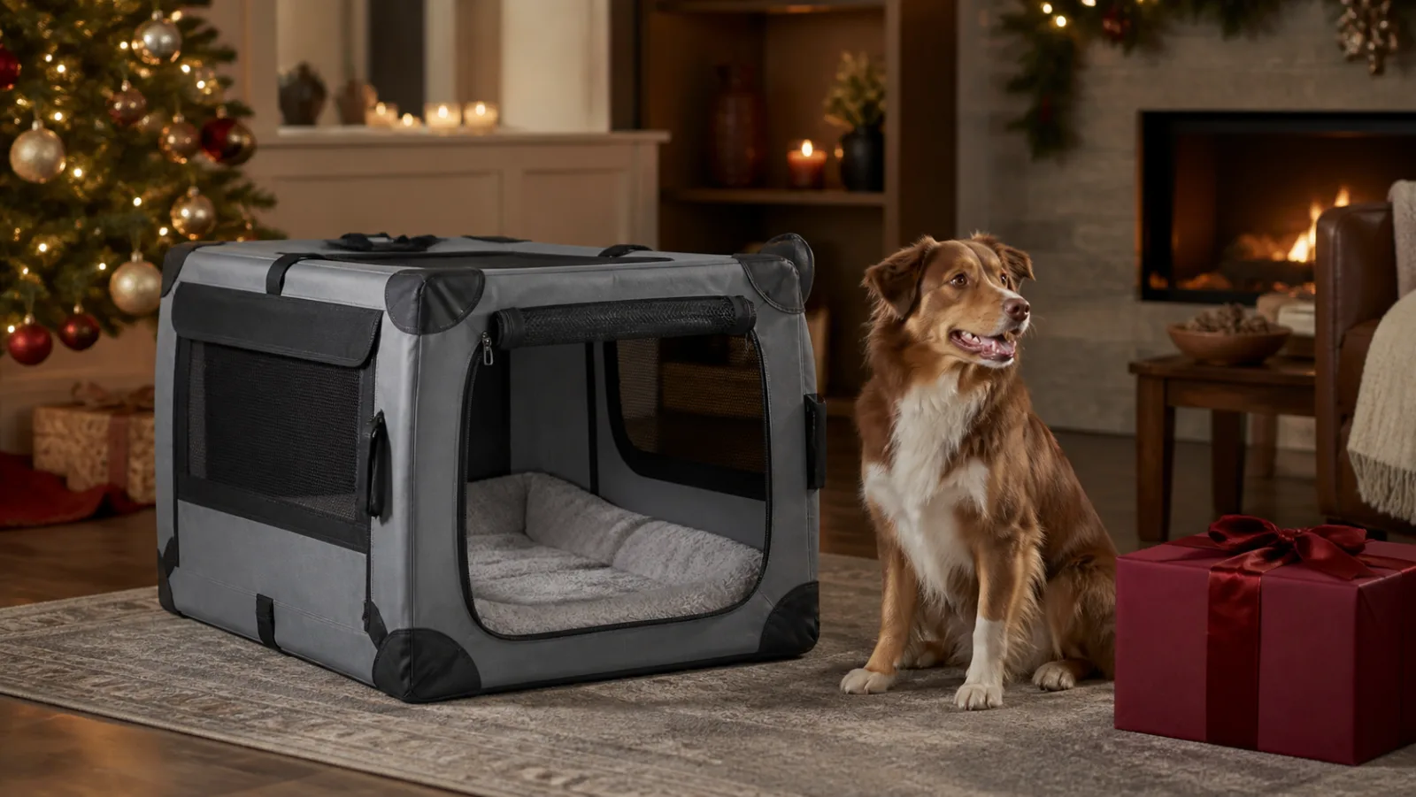 Representative grey collapsible dog crate beside a burgundy Christmas box