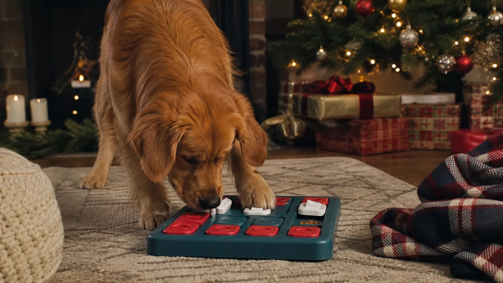 Representative dog puzzle feeder with covered food compartments