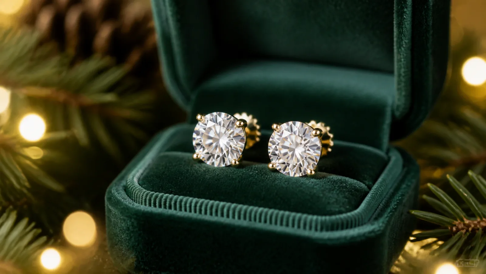 Representative moissanite studs in a forest-green holiday jewelry box