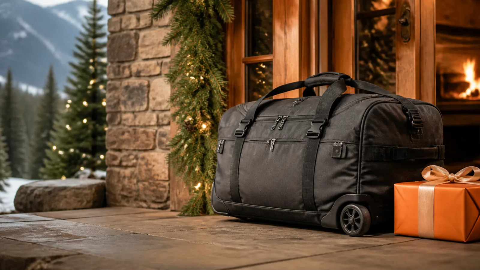 Representative charcoal rolling expedition duffel beside an orange holiday gift